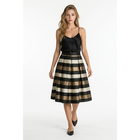 Eliza J Dresses & Skirts - Eliza J‎ Metallic Gold Black Striped Pleated Midi Skirt Size 6 Holiday Party